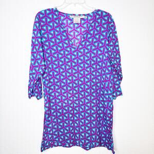 Gretchen Scott Women Tunic Top Size Small Blue Pink Split Neck Cotton Boho Beach